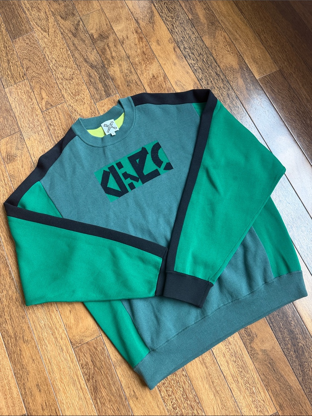 Kenzo Green and Teal Colorblock Crewneck Sweater